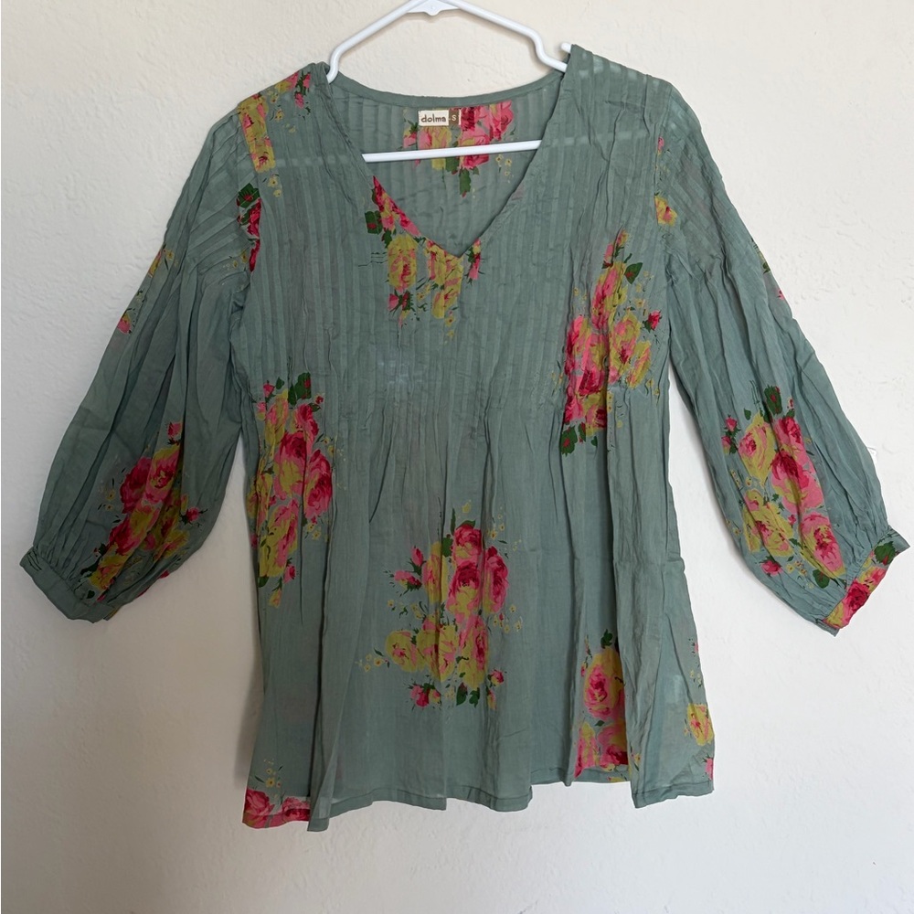 Dolma Anthropologie Teal Floral Blouse Women’s Size Small